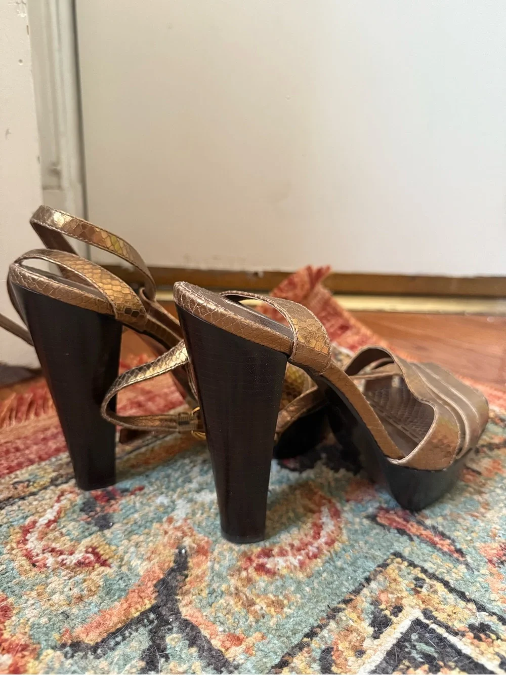 Via Spiga Bronze Snake-Embossed y2k Platform Slingback Heels
